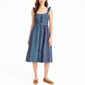 J.Crew Ruffle Strap Button-Front Midi Dress Sz 2 Striped 100% Linen Indigo Wash